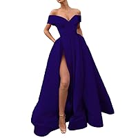 Off-The-Shoulder Long Satin Lace Up Women Evening Prom Gown with Pockets and Train