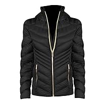 Michael Michael Kors Women's Black Chevron Double Layer Zipper 3/4 Hooded Packable Coat Large