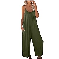 Loose Summer Jumpsuit Women Sleevless Overalls Long Wide Leg Rompers Spaghetti Strap Jumpsuit with Pockets Jumper