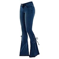 Andongnywell Lace-up Bell Bottom Pants Jeans for Women Mid Waisted Wide Leg Bootcut Slim Denim Pants Trousers