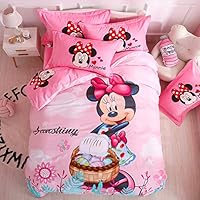 100% Cotton Kids Bedding Set Girls Minnie Duvet Cover and Pillow Cases and Fitted Sheet,4 Pieces,Queen