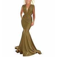 Long Stretchy V-Neck Prom Dresses Mermaid Pleated Formal Evening Gowns for Women