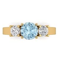 1.47ct Round Cut Solitaire three stone Aquamarine Blue Simulated Diamond designer Modern Statement Ring Real 14k Yellow Gold