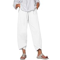 Womens Linen Pants Casual Elastic High Waist Summer Pants Relax Fit Comfy Palazzo Pants Linen Capris Yoga Sweatpants Trousers