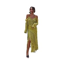 Spring Elegant Green Tassel Irregular Vneck Long Sleeve Female Fashion Street Robe