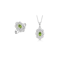 RYLOS Women's 14K White Gold Floral Pattern Halo Pendant Necklace & Matching Ring. Gemstone & Diamonds, 18