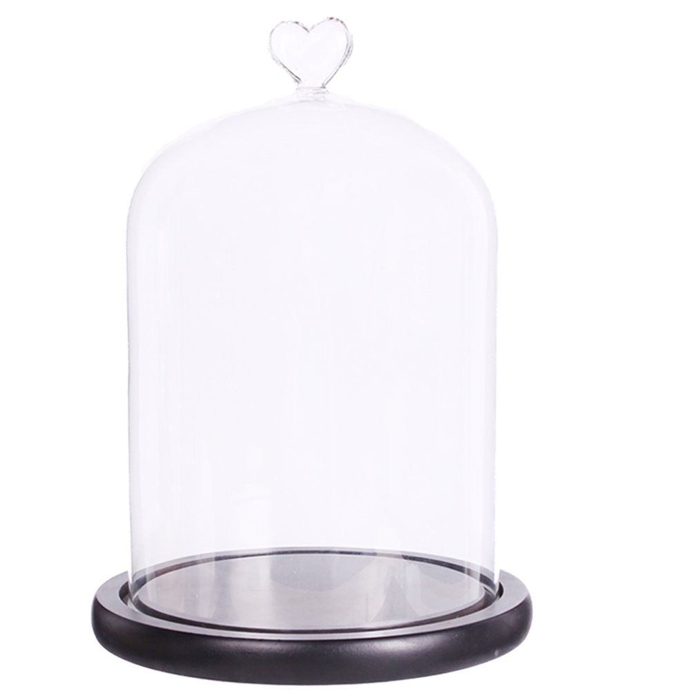 Moonlear Clear Glass Dome Display Case Heart Handle Cloche with Wood Base Dia 6" H 8.5" (Black Wood Base)