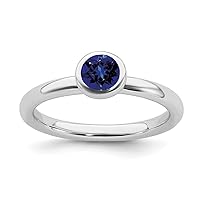 925 Sterling Silver Bezel Polished Stackable Expressions Low 5mm Round Created Sapphire Ring Jewelry Gifts for Women - Ring Size Options: 7 8