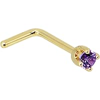 Body Candy Solid 14k Yellow Gold 2mm Purple Cubic Zirconia L Shaped Nose Stud Ring 20 Gauge 1/4