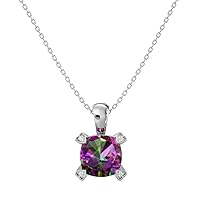 VVS Gems 18k Gold Classic Cushion Cut 3 Carats Created Gemstone Solitaire With VVS Certified 0.02 ct Natural Genuine Diamond Pendant Necklace for Women, Birthstone Jewelry