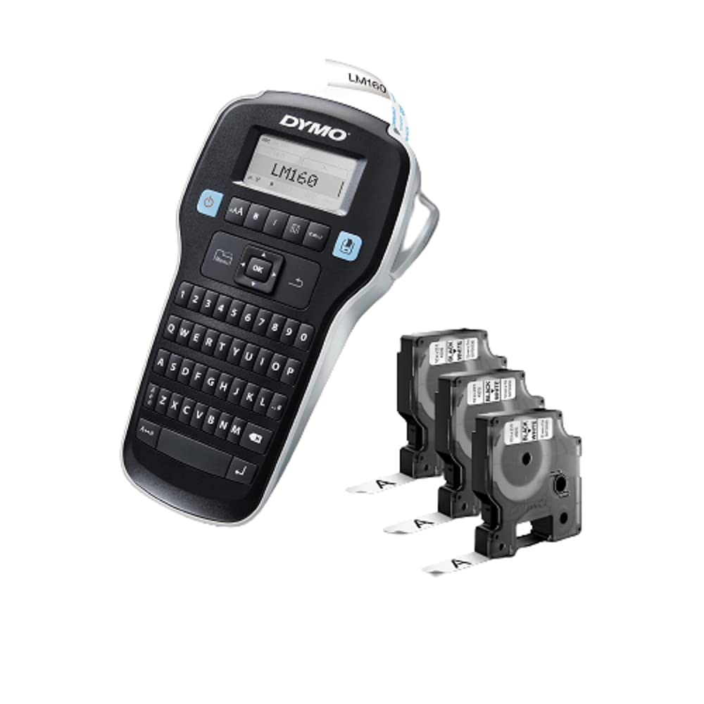 DYMO LabelManager 160 Portable Label Maker Bundle, Easy-to-Use, One-Touch Smart Keys, QWERTY Keyboard, Large Display, for Home & Office Organization, Includes 3 D1 Label Cassettes