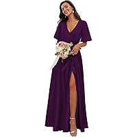 Women's Wrap Satin Bridesmaid Dresses Short Sleeves V-Neck Formal Wedding Party Dress with Slit R012