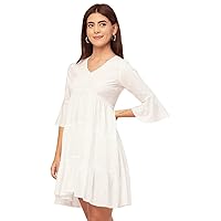Trendy V Neck Solid Rayon Dress - Tired Look, Casual Daywear Regular Fit