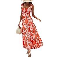 Summer Tube Flower Dress Women Casual Holidy Floral Big Swing Dresses Square Neck Printed Lace Up Vest Dress