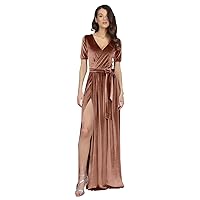 Basgute Women's Velvet Long Bridesmaid Dresses Short Sleeve Slit V Neck A Line Elegant Maxi Formal Evening Party Gowns