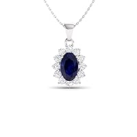 Natural and Certified Oval Blue Sapphire and Diamond Necklace in 10k White Gold | 0.82 Carat Pendant with Chain