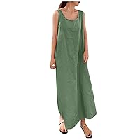 Summer Dresses for Women 2024 Casual Solid Suspender Cotton Linen Round Neck Sleeveless Lightweight Shift Long Dress
