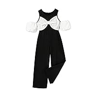 Girl's Colorblock Bow Front Cold Shoulder Jumpsuit Cute Long Jumpsuits