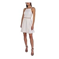 B Darlin Womens White Zippered Pleated Lace-Inset Waist Lined Spaghetti Strap Square Neck Short Party Fit + Flare Dress Juniors 0