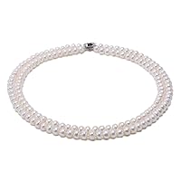 JYX Pearl Double Strand Pearl Necklace Classic 7mm Flatly Round White Freshwater Cultured Pearl Necklace for Women