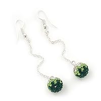 Emerald Green/Clear Crystal Ball Chain Drop Earrings In Silver Plating - 10mm Diameter/ 6.5cm Length
