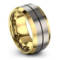 Tungsten Wedding Band Ring 6mm for Men Women Bevel Edge Grey 18K Yellow Gold Black Center Line Brushed Polished