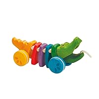 PlanToys Dancing Alligator Push & Pull Toy - Sustainably Made from Rubberwood, Makes Click-Clack Sounds and Dancing Movements when Pulled (Rainbow)