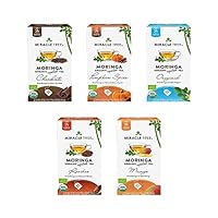 Miracle Tree - Organic Moringa Superfood Tea, 5 Pack Bundle, 5x25 Individually Sealed Tea Bags (Chocolate, Pumpkin Spice, Original, Rooibos, Mango)