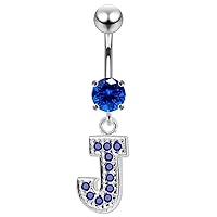 CZ Crystal Gemstone Stylish J Alphabet Dangling 925 Sterling Silver Belly Ring Body Jewelry