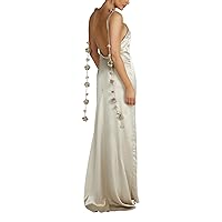 Women Satin Wedding Dress Sleeveless Spaghetti Strap Maxi Cocktail Dress Backless Prom Evening Party Gowns