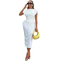 Fashion Short Sleeve Solid Color Ruffled Edge Slim mid-Length Dress