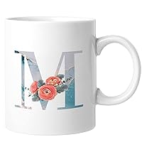 Monogram Letter M Coffee Mugs Marbling Letter Peony Flower Funny Coffee Mugs Inspired Monogram Ceramic Coffee Mugs Drinking Cups with Handle Unique Gifts For Cappuccino Espresso Latte Milk Tea 11oz