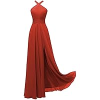 Women's Halter Bridesmaid Dresses with Slit Simple A-line Chiffon Long Formal Dress with Pockets