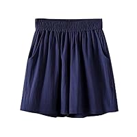Flowy Skorts for Women Cotton Linen Elastic High Waisted Casual Loose Shorts Pleated Wide Leg Beach Pants with Pocket