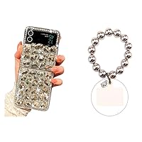 for Motorala Razr 2023 Case Bling Diamond Glitter Girly Design+Cute Beaded Phone Lanyard Wrist Strap