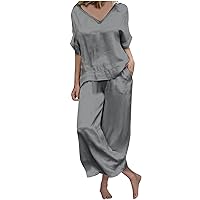 Women Satin Pajamas Set 2Piece Loose Loungewear Short Sleeve V Neck Pullover T-Shirts and Wide Leg Pants Sleepwear