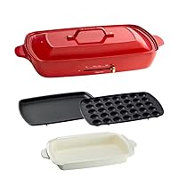 BRUNO BOE026-RD Hot Plate, Grande Size, Main Body, 3 Types of Plates (Takoyaki, Flat/Deep Pot), Red, Stylish, Cute, Includes Lid, Temperature Adjustment, Easy to Clean, For 4 and 5 People, Large,