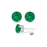 Natural Round Emerald Stud Earrings in 18K White Gold From 3MM - 5.5MM