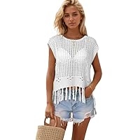 Women's Sexy Crop Sweaters Vest Knit Sleeveless Summer Loose Pullover Tops Crochet Ruffle Hem Tank