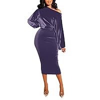 Salimdy Womens One Off Shoulder Midi Dress Long Sleeve Velvet Sexy Bodycon Party Pencil Dress