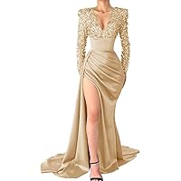 Sexy Prom Dresses 2024 Long Sleeve Sequin Satin Long Ball Gowns for Women with Slit Champagne
