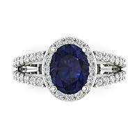 2.21ct Oval Cut Solitaire with Accent Halo split shank Simulated Blue Sapphire designer Modern Statement Ring 14k White Gold