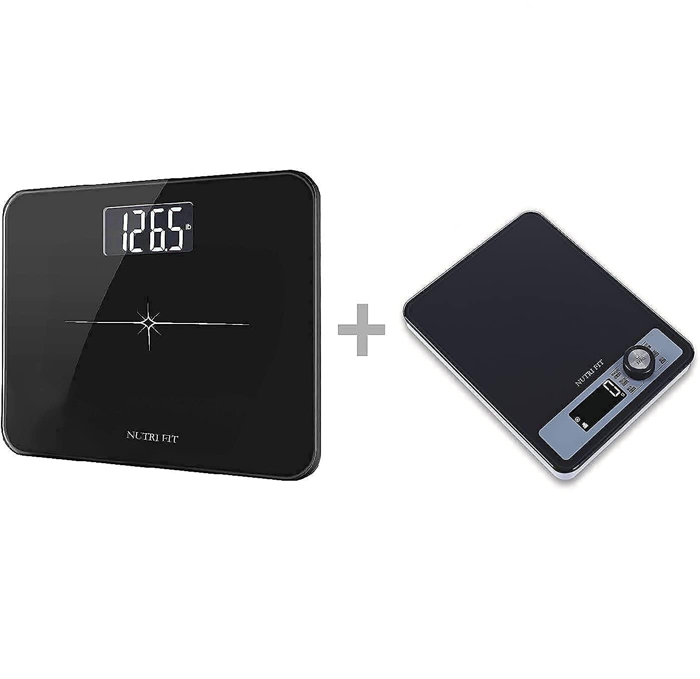 NUTRI FIT Extra-Wide/Ultra-Thick Digital Body Weight Bathroom Scale + Wide Tempered Glass Digital Food Scale - High Accuracy, Combination Pack