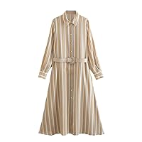 Women Vintage Striped Print Buckle Sashes Midi Shirt Dress Female Chic Single Breasted Casual A Line Vestidos