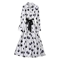 Elegant Long Sleeve Dot Print Midi Shirt Dress White Women Single Breasted Aline Casual Dresses Party Robe Summer