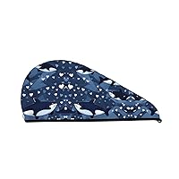 Blue Killer Whale Coral Velvet Dry Hair Cap for Women Hair Caps with Buttons for Drying Curly Long & Thick Hair Anti Frizz
