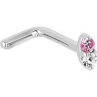 Body Candy Solid 14k White Gold 1.5mm Genuine Pink Sapphire Diamond Marquise L Shaped Nose Stud Ring 18 Gauge 1/4