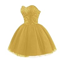 Plus Size Prom Dresses Strapless Short Lace Tulle Puffy A-Line Cocktail Quinceanera Dresses for Juniors Homecoming Dresses Gold