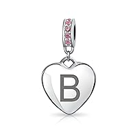 Engravable A-Z Monogram PINK Crystal Accent Bale Dangle Heart Shaped Alphabet Initial Charm Bead For Women Teen .925 Sterling Silver European Bracelet Simulated Tourmaline Birthstone Customizable