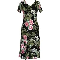 Hibiscus and Orchids Hawaiian Dress - Womens Hawaiian Dress - Aloha Dress - Hawaiian Clothing - 100% Rayon Black Medium